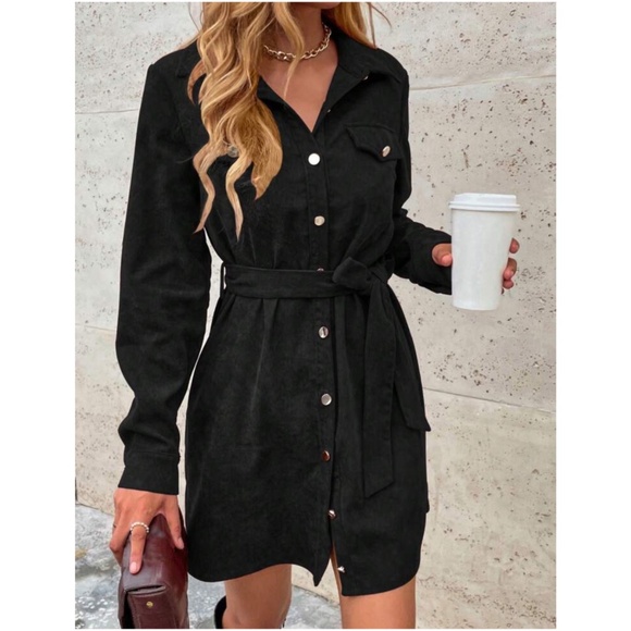 Corduroy dark Green Button Down Belted Long Sleeve Shirt Dress - Picture 13 of 14